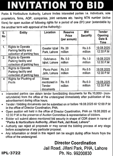 Parks & Horticulture Authority Lahore Tender Notice